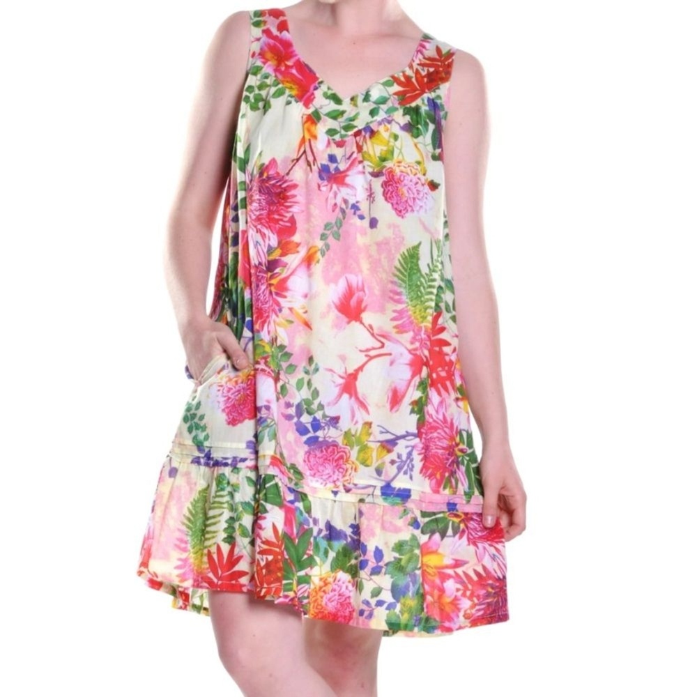 La Cera Hawaiian Floral Chemise Small Dress Cotton Beach Resort Vacation Bold